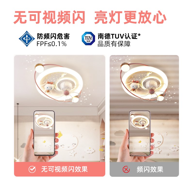 儿童房女孩风扇灯2025新款360度摇头静音卡通公主护眼星空电扇灯