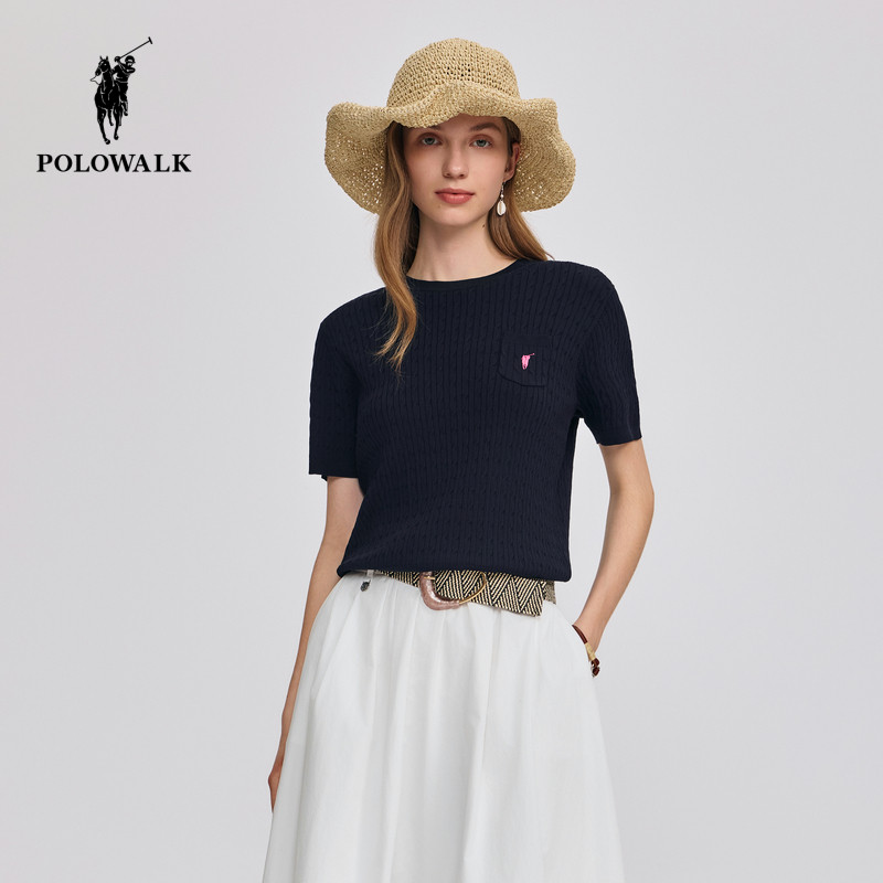 POLOWALK短袖针织衫女2026夏季新款保罗女装修身显瘦圆领绞花上衣