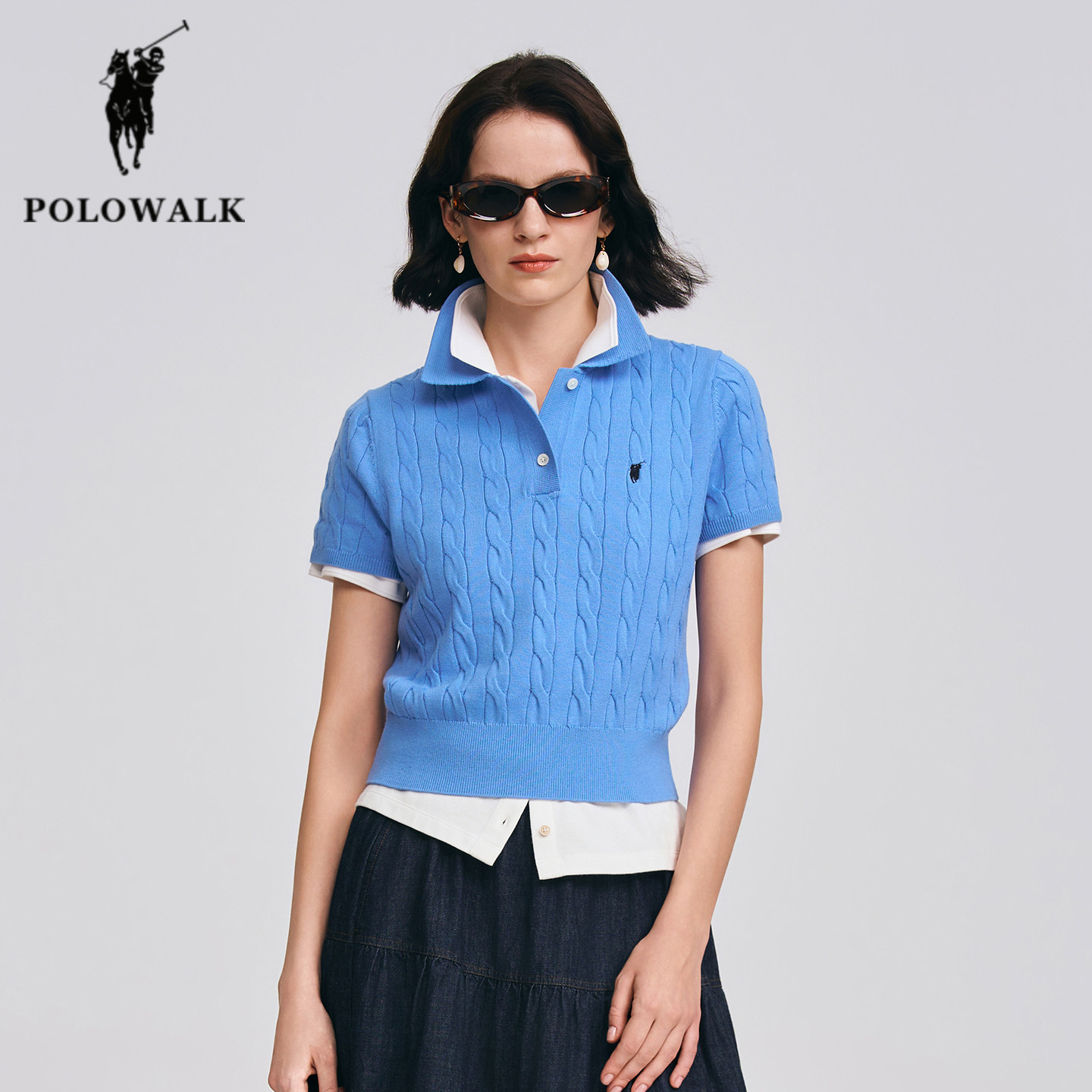 POLOWALK短袖针织衫女26年春季新款保罗女装时尚翻领绞花修身上衣