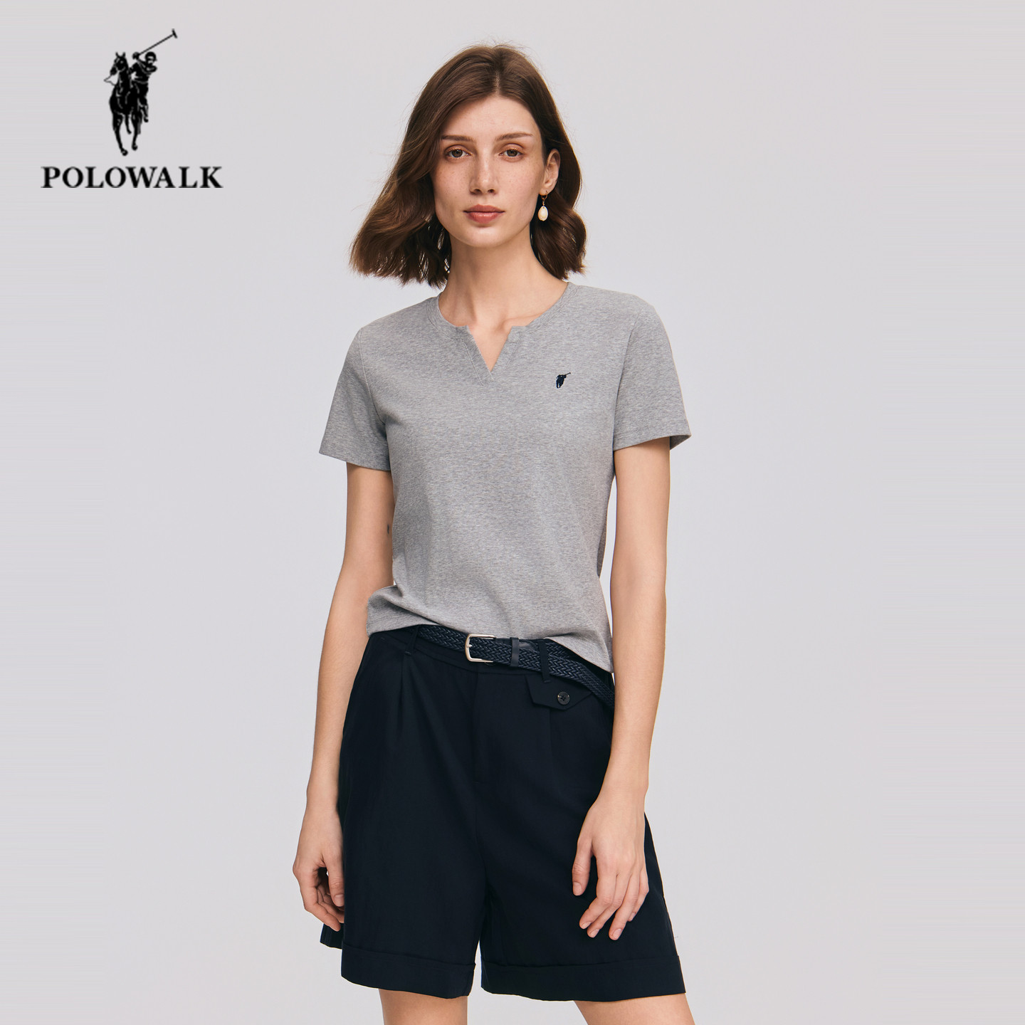 POLOWALK纯色短袖T恤女26夏季新款保罗女装简约休闲气质小v领上衣