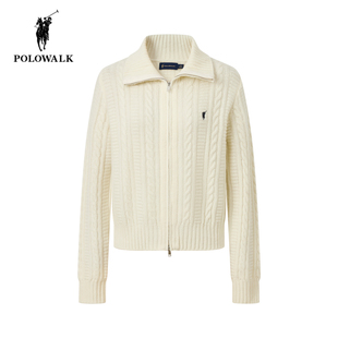 POLOWALK绞花羊毛开衫女2025年冬季新款保罗女装气质翻领毛衣外搭