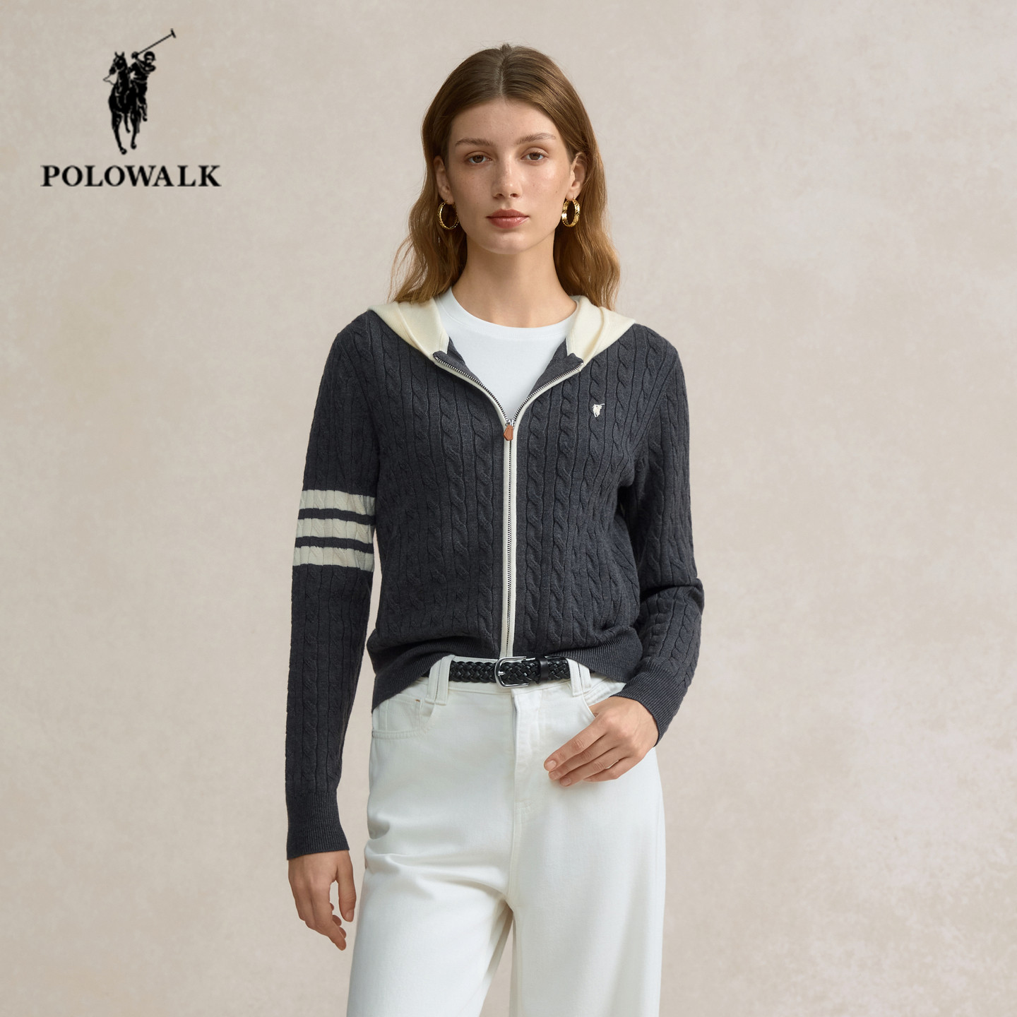 POLOWALK连帽针织开衫女25秋季新款保罗女装宽松撞色绞花毛衣外套,女装/女士精品,毛针织衫,淘宝优惠券,粉丝福利购,淘宝优惠卷