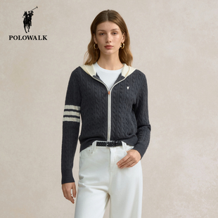 POLOWALK连帽针织开衫女25秋季新款保罗女装宽松撞色绞花毛衣外套