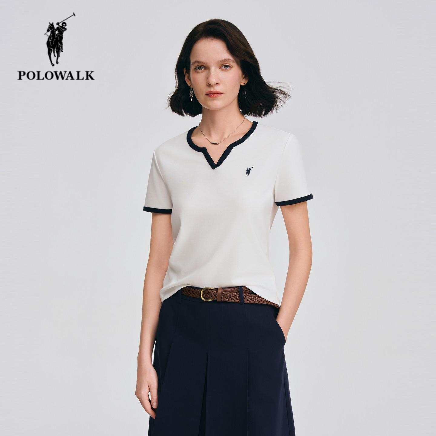 POLOWALK圆V领短袖女26夏季新款保罗女装时尚撞色修身显瘦百搭T恤