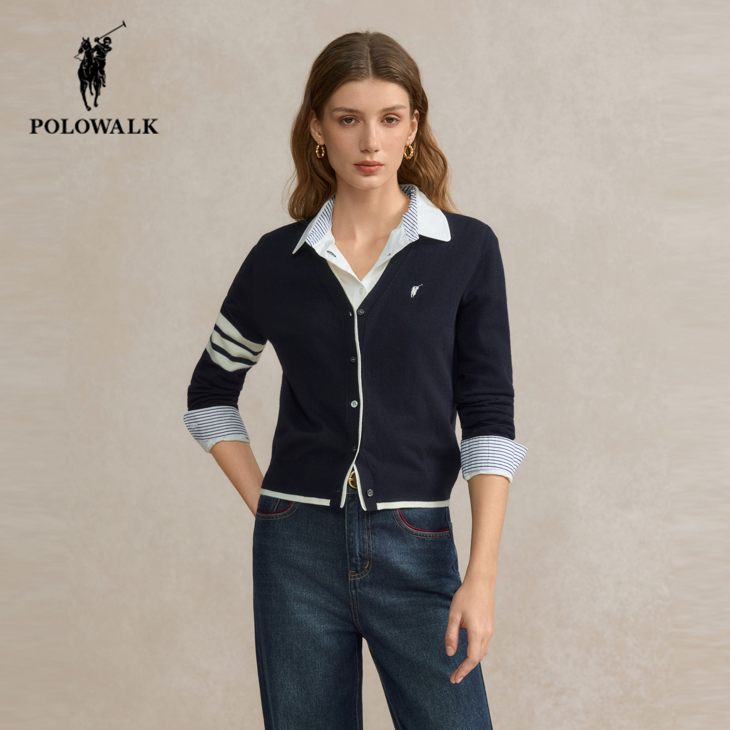 POLOWALK撞色V领针织开衫女25秋季新款保罗女装简约休闲毛衣外套,女装/女士精品,毛针织衫,淘宝优惠券,粉丝福利购,淘宝优惠卷