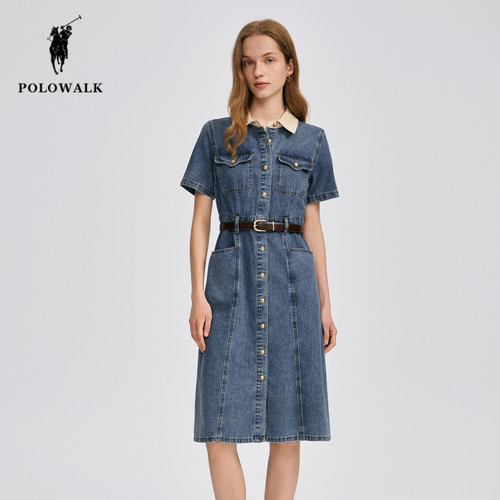 POLOWALK夏季新品牛仔短袖连衣裙