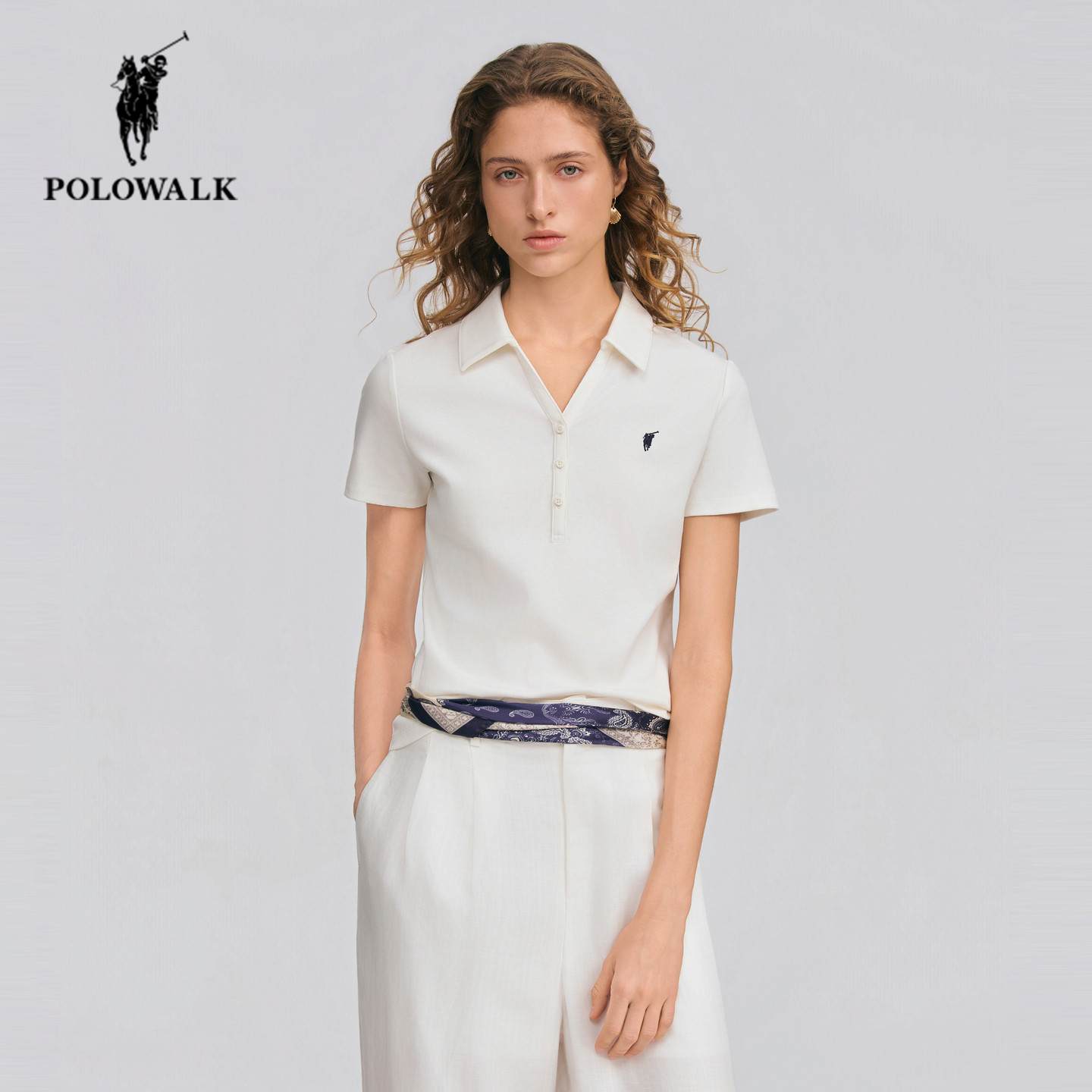 POLOWALK翻领短袖T恤女夏季新款保罗女装修身简约剪刀领POLO衫女