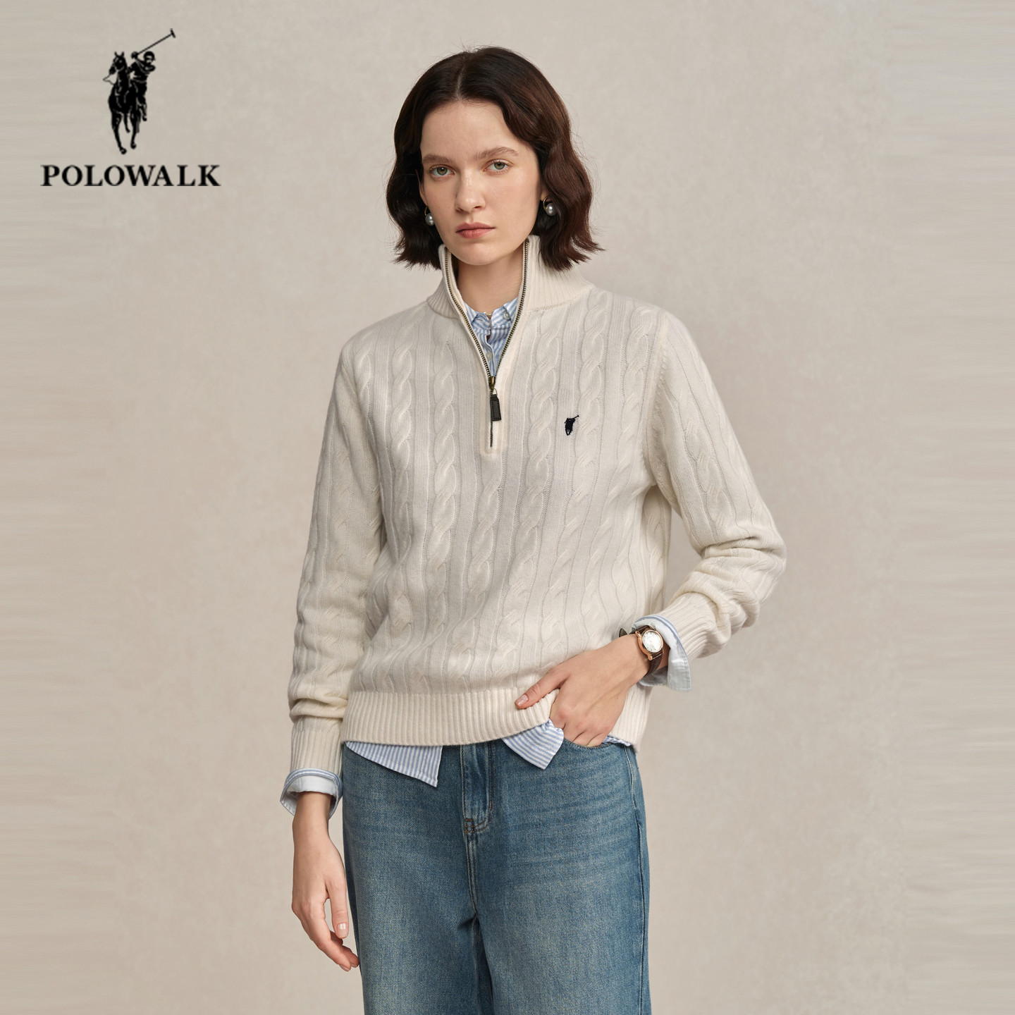 POLOWALK羊毛衫女秋冬季新款保罗女装气质简约立领绞花半拉链毛衣