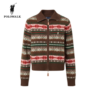 POLOWALK翻领羊毛开衫女2025冬季新款保罗女装通勤百搭费尔岛毛衣