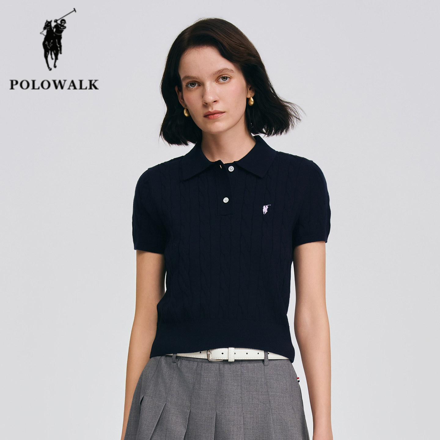 POLOWALK短袖针织衫女26年春季新款保罗女装时尚翻领绞花修身上衣