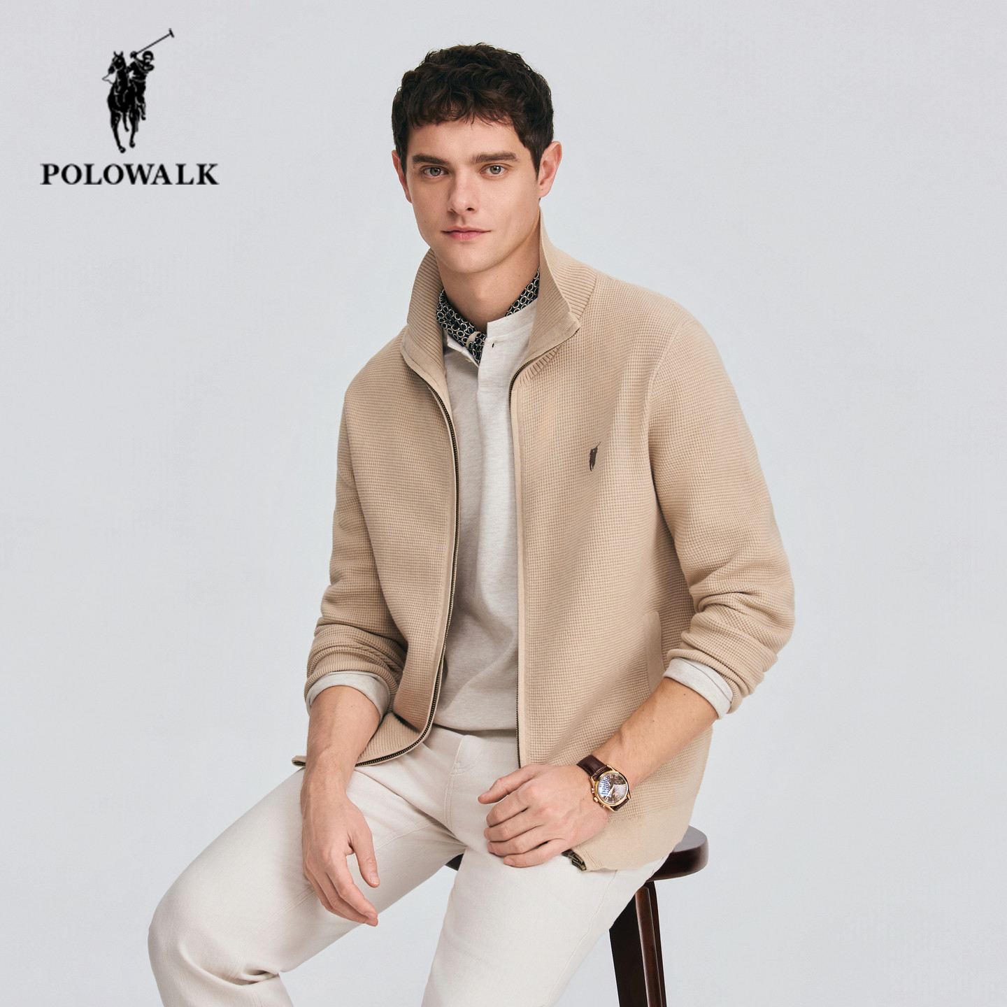 POLOWALK翻领针织开衫男2026年春季新款保罗男装商务休闲毛衣外套