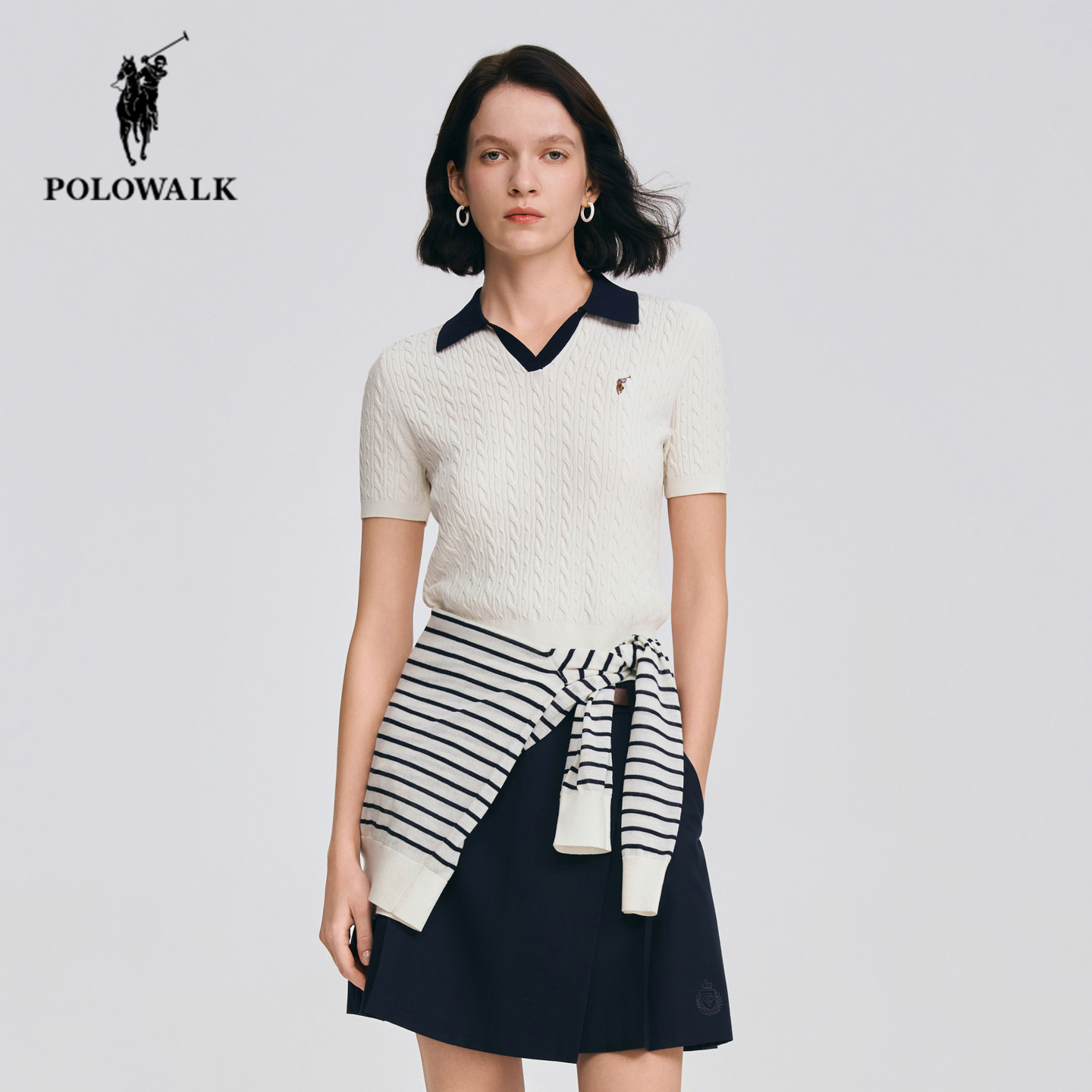POLOWALK翻领短袖针织衫女26年春季新款保罗女装修身显瘦绞花上衣