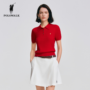 POLOWALK红色短袖针织衫女26年春季新款保罗女装翻领绞花毛衣半袖