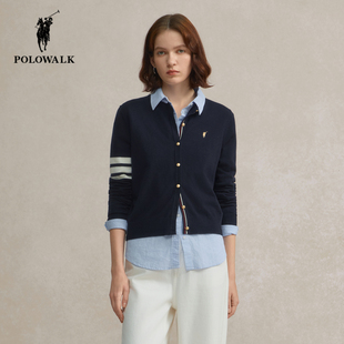POLOWALK时尚休闲针织开衫女25秋季新款保罗女装撞色条纹毛衣外套