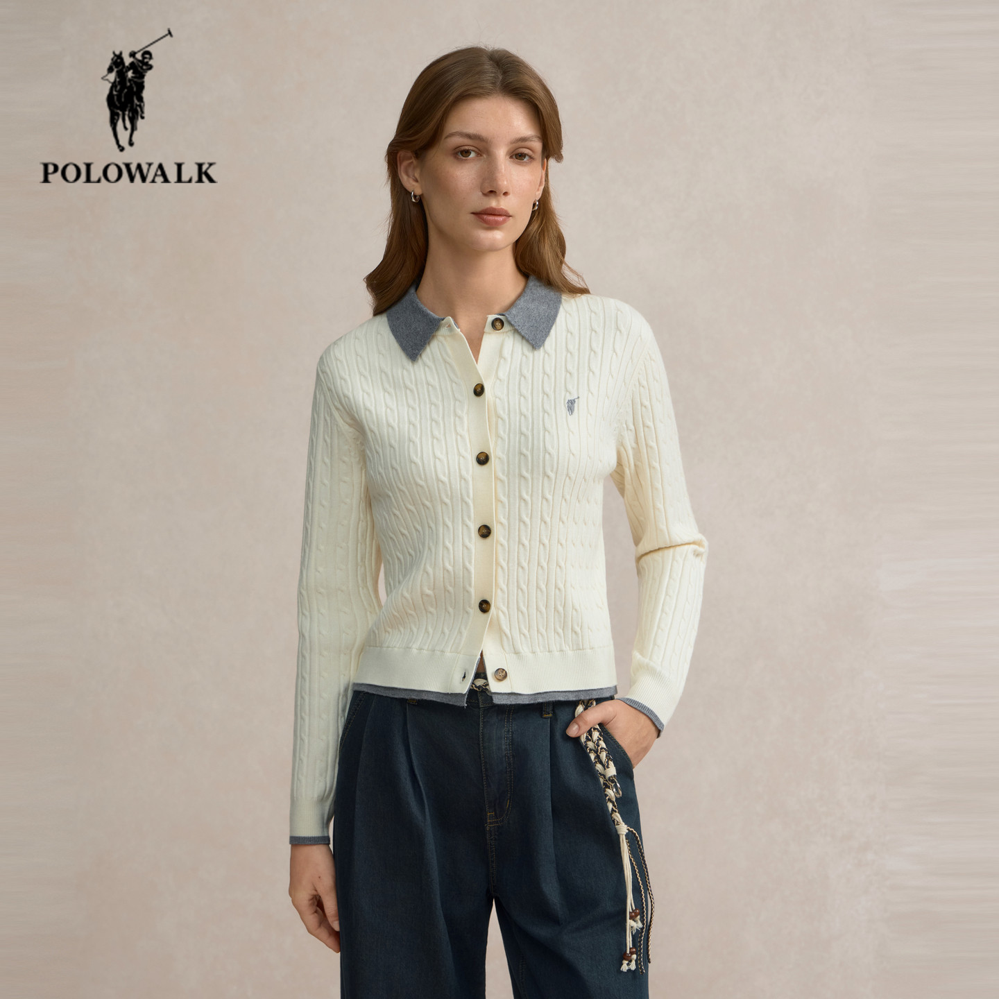 POLOWALK绞花长袖针织衫女2025秋季新款保罗女装时尚撞色翻领毛衣,女装/女士精品,毛针织衫,淘宝优惠券,粉丝福利购,淘宝优惠卷