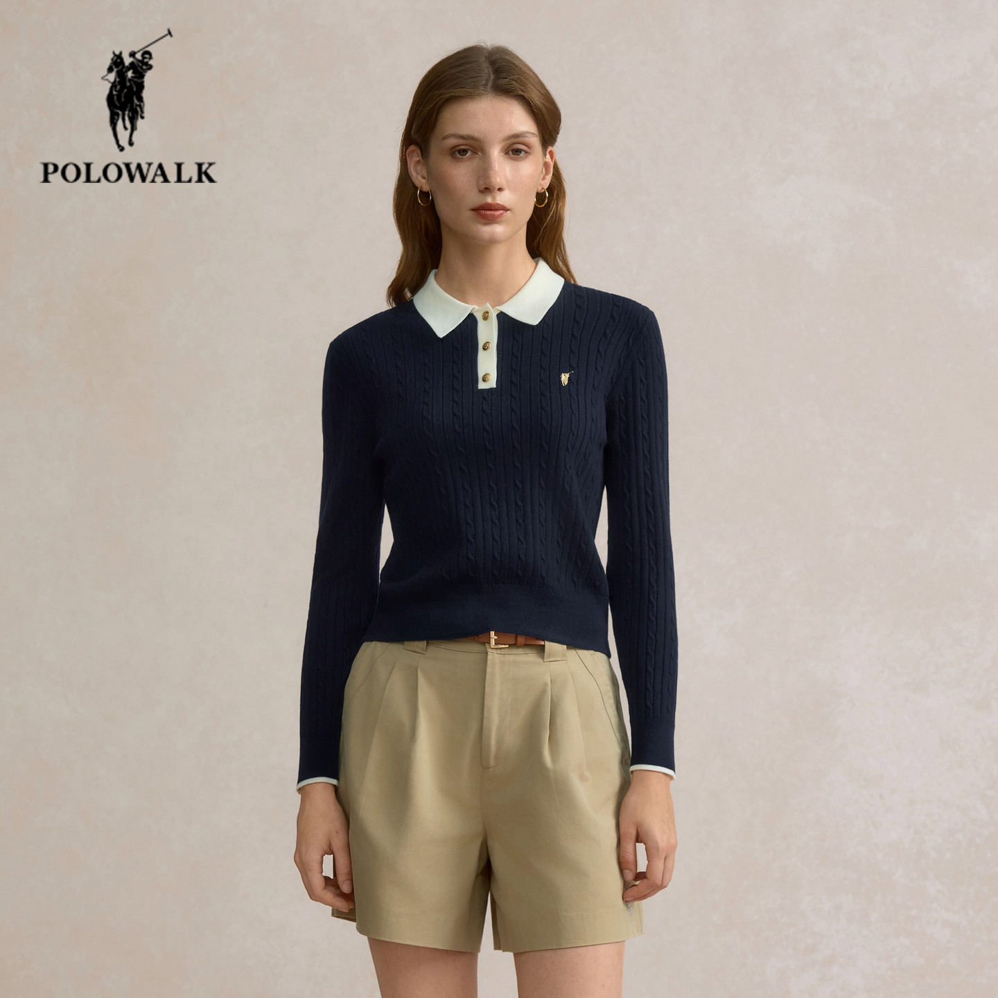 POLOWALK绞花翻领长袖针织衫女2025秋季新款保罗女装时尚撞色毛衣,女装/女士精品,毛针织衫,淘宝优惠券,粉丝福利购,淘宝优惠卷