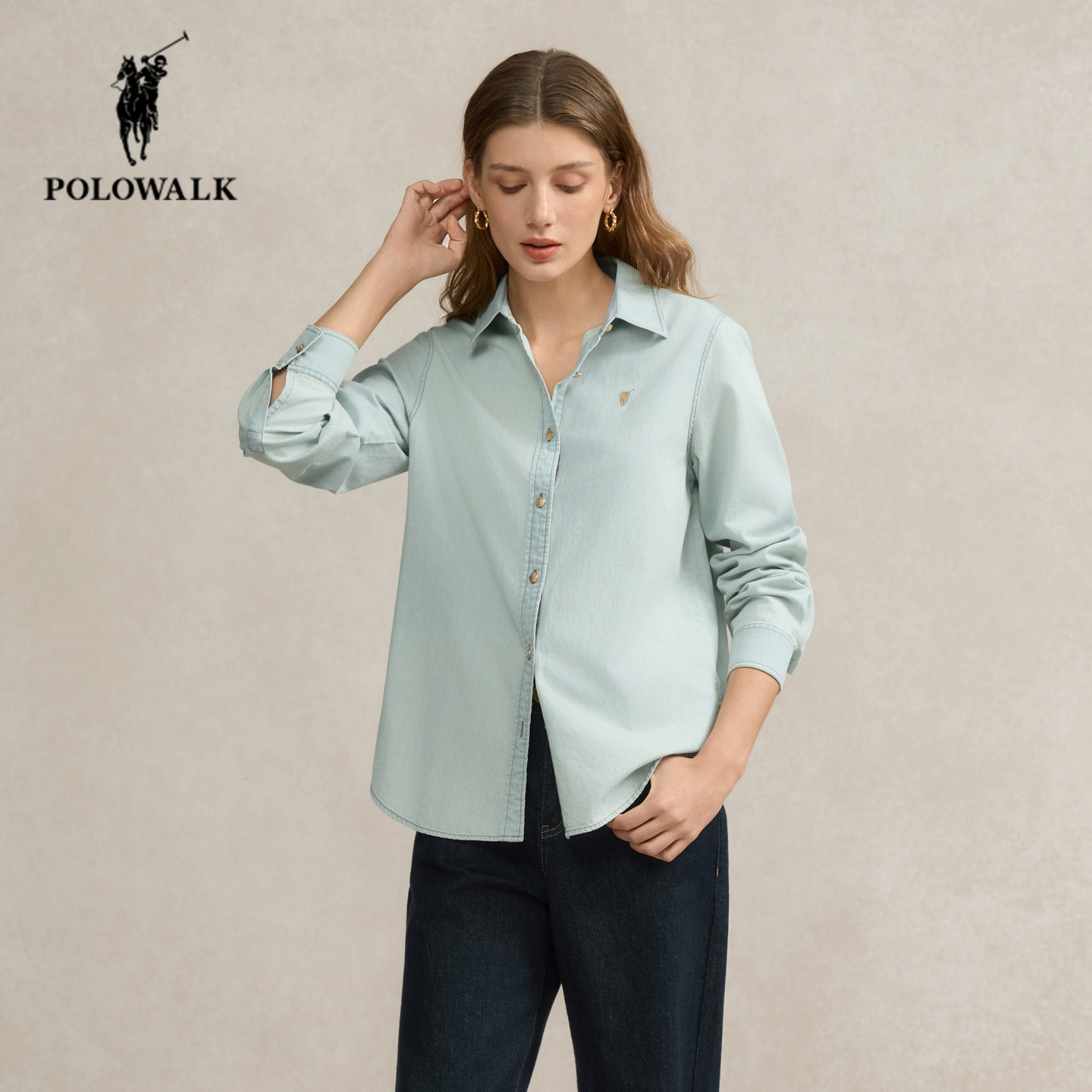 POLOWALK纯棉长袖衬衫女25秋季新款保罗女装休闲百搭直筒显瘦衬衣
