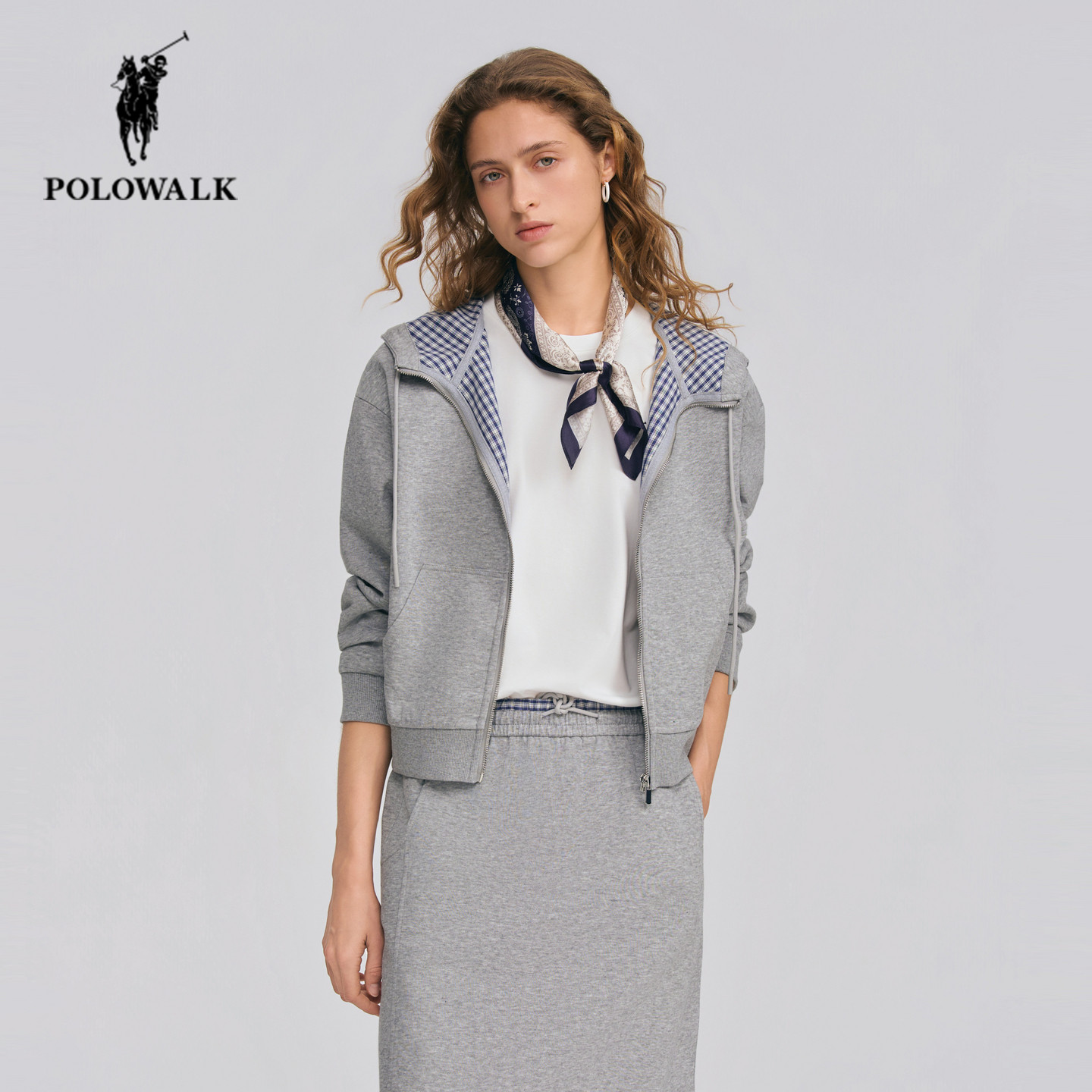 POLOWALK连帽开衫卫衣女2026年春季新款保罗女装简约休闲直筒半裙