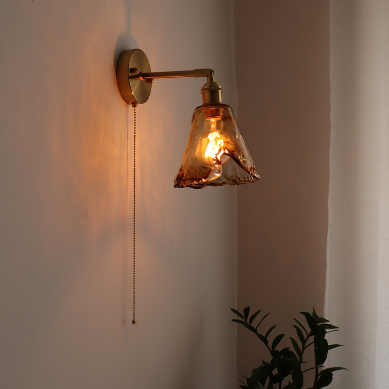 日式复古黄铜玻璃壁灯卧室床头灯卫生间衣帽间背景墙拉线开关灯具