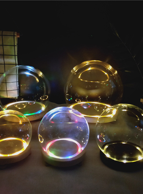 圣诞节永生花圆球形玻璃罩手办盲盒积木防尘罩七彩闪烁发光小夜灯