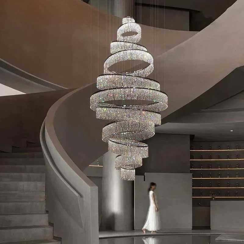 别墅复式楼大吊灯客厅水晶灯现代轻奢大J气挑高环形旋转水晶客厅