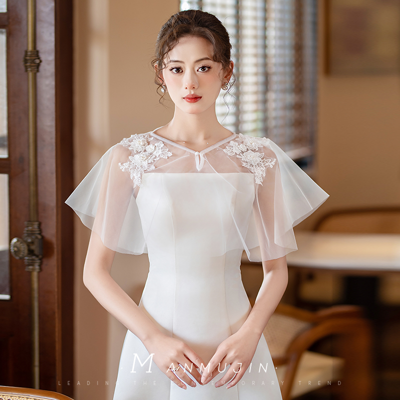 新娘婚纱礼服外搭坎肩q小披风薄款网纱双肩遮手臂显瘦披肩简约白