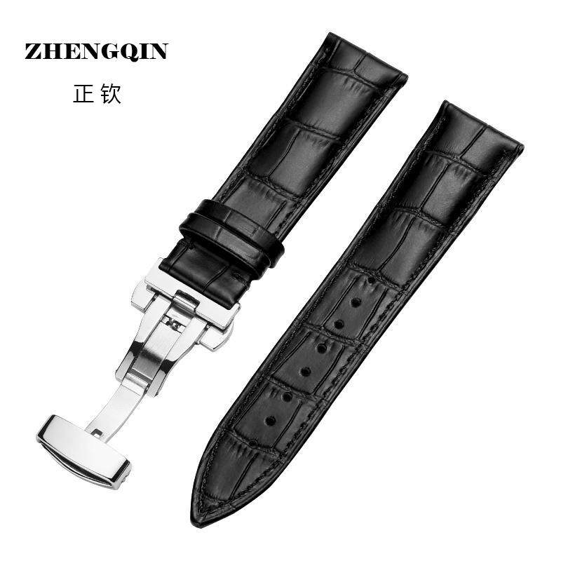 正钦手表真皮表带男士机械表适用20mm银色钢带蝴蝶扣针扣皮带表带