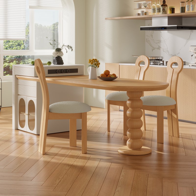 2024新款齐平岛台餐桌一体家用可E伸缩实木侘寂风多功能厨房中导