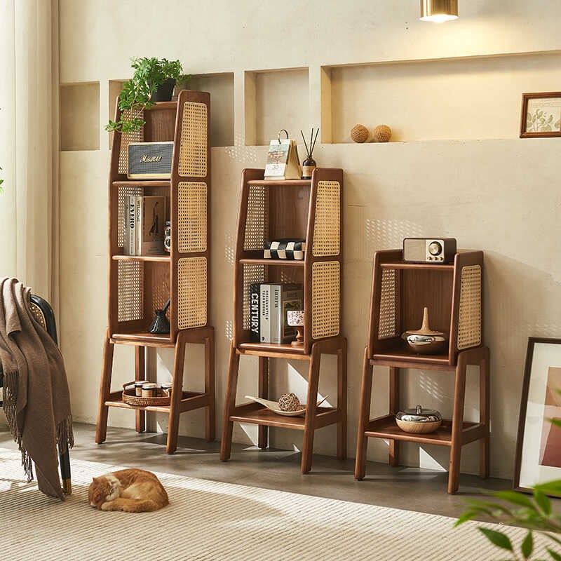 中复古风实木小书架置物架落地藤编书柜J多层收纳架床头储物展示