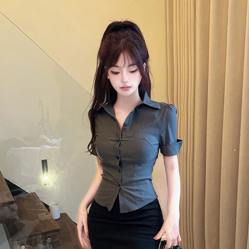 夏季灰色短袖衬衫女职业装修身性感御姐OL制服工作服气质衬衣上衣