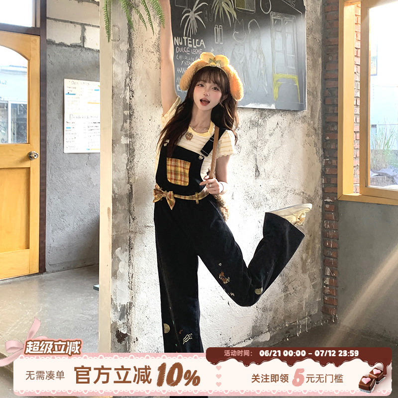 织物猪 黄油拿铁 甜酷风黑色刺绣牛仔背带裤女原创直筒减龄长裤子