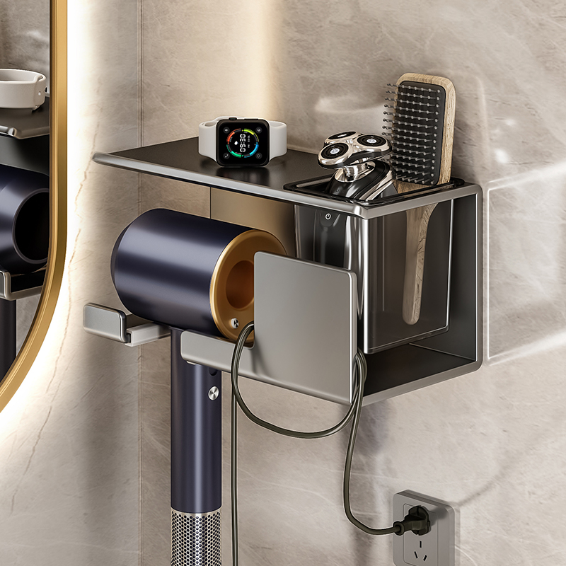 枪灰吹风机置物架壁挂式免打孔A风C筒支架卫生间浴室电吹风收纳挂