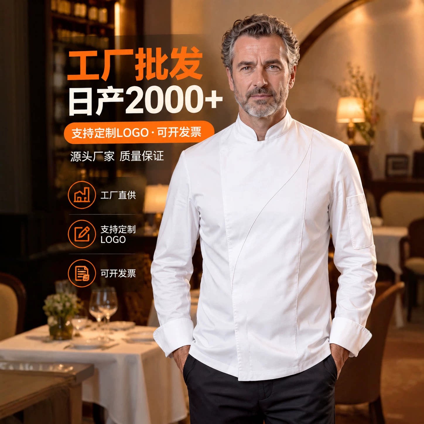 餐饮酒店长袖厨师服可印绣LOGO