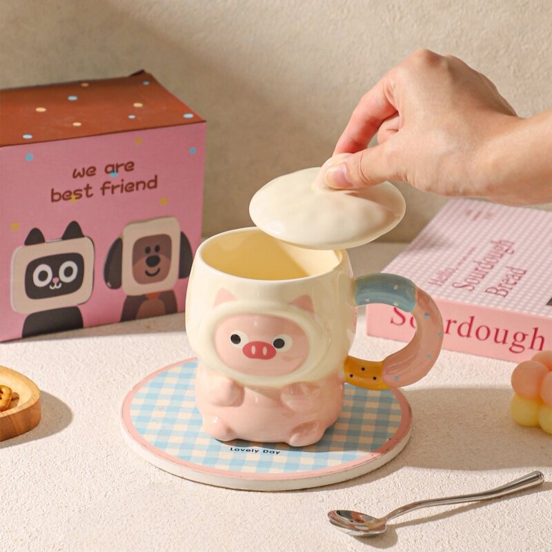 家用卡通陶瓷马克杯带盖精致女生早餐杯可爱儿童牛奶杯创意喝水杯