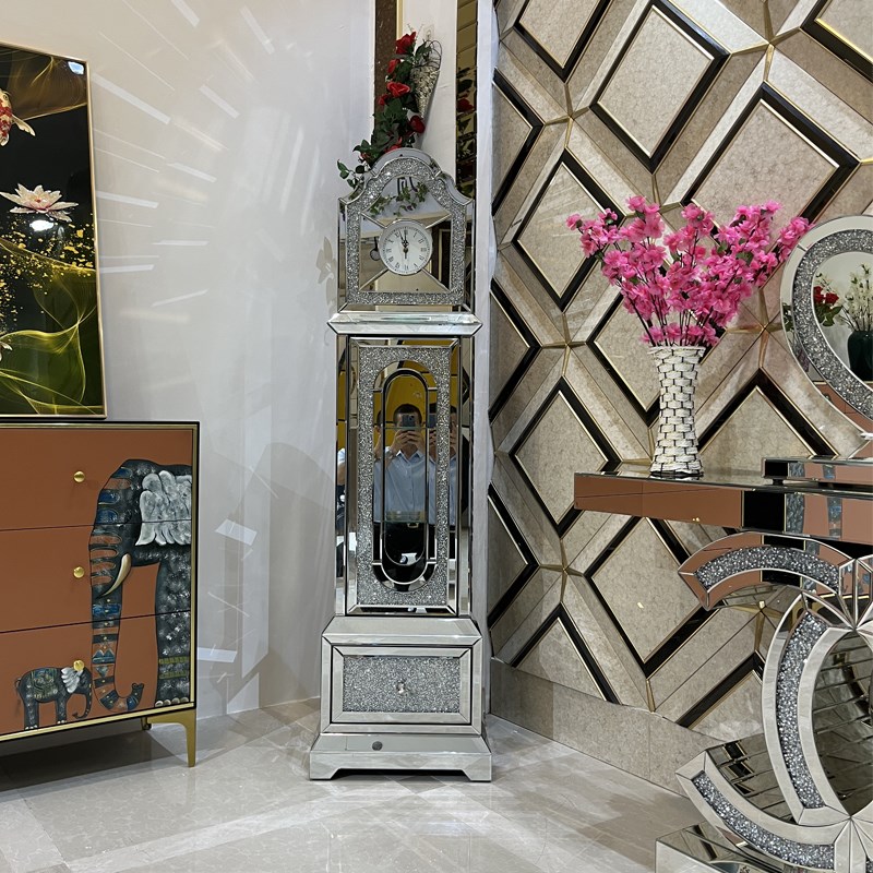 欧式落地钟立钟酒店大堂水晶v座钟客厅角落玻璃装饰储物柜边柜简