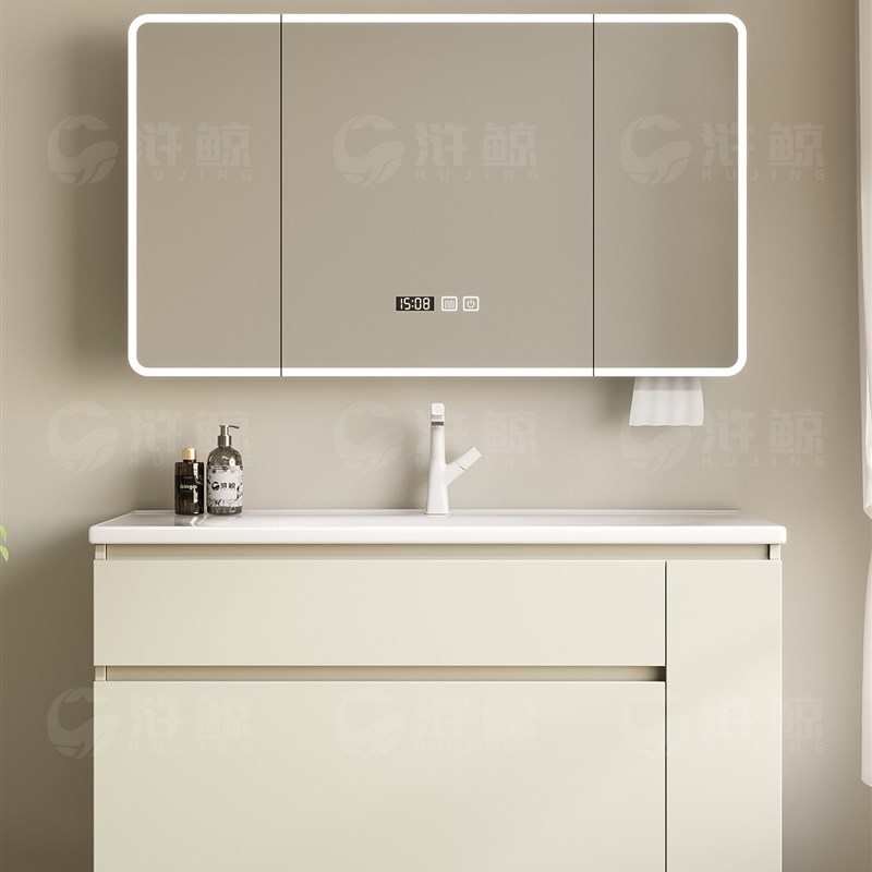 奶白色不锈钢浴室柜一体盆洗漱台卫生间洗手盆柜组合加.高带收纳
