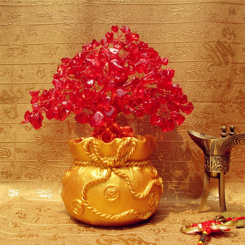 黄水晶钱袋发财树粉水晶招财树办公室家居摆件福T袋摇钱树商务礼