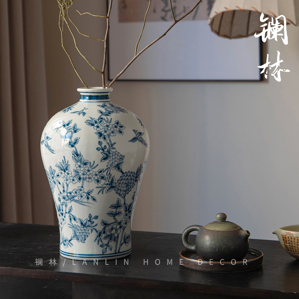 新中式青花陶瓷花瓶复古禅意客厅插花器民宿N茶室酒店玄关摆件梅