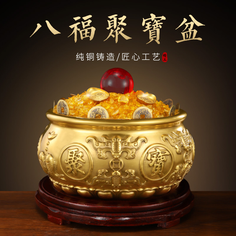 实心纯铜聚宝盆铜摆件中式客厅家居办公室L店铺存钱罐黄铜米缸全