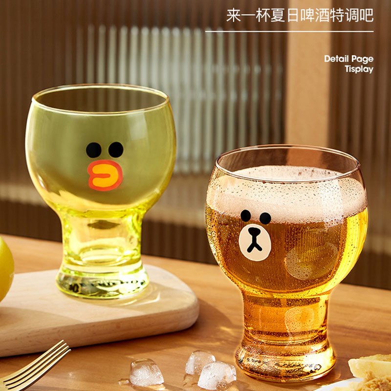 LINEb FRIENDS布朗熊玻璃啤酒杯扎啤杯大容量水杯子果汁茶杯冷饮
