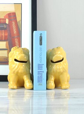 家居陶瓷狮子摆件饰品书房中式客厅黄色现代新中式书靠样板间软装