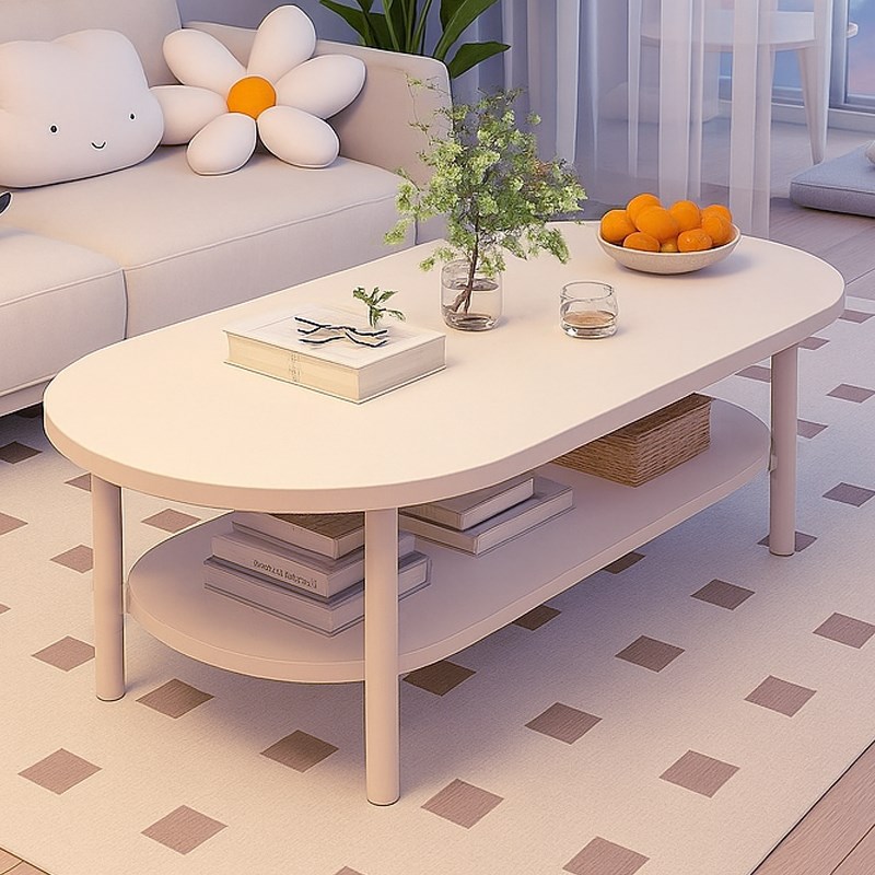 奶油风茶几小户型客厅家用简易沙发茶桌J简约椭圆形双层茶几小桌
