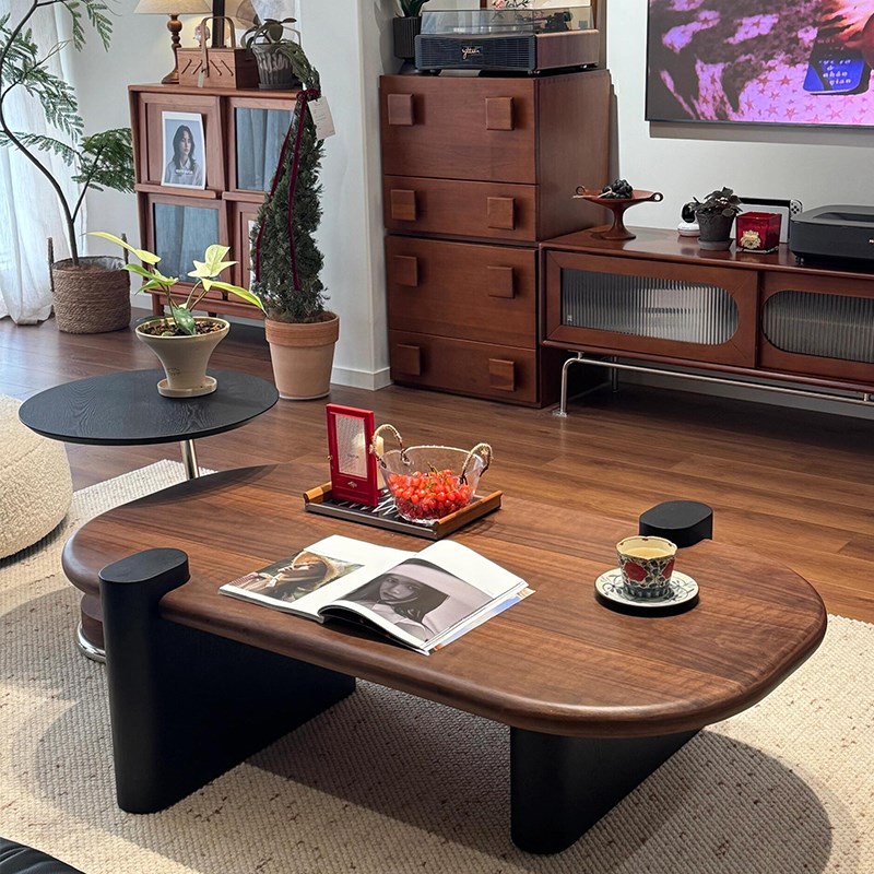 【谷木】2025新款轻奢高级感客厅家F用创意椭圆茶几中古风实木茶