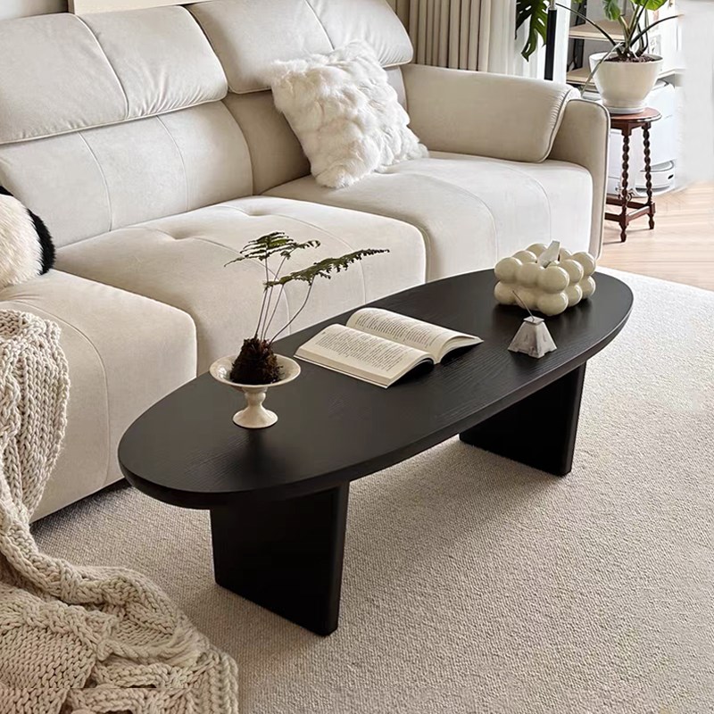 中古风实木茶几h客厅家用小户型现代简约原木黑色长条椭圆形茶几