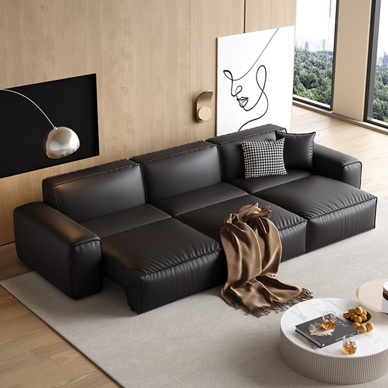 中古风大黑牛真皮沙发小户型客厅智E能电动多功能伸缩床头层牛皮