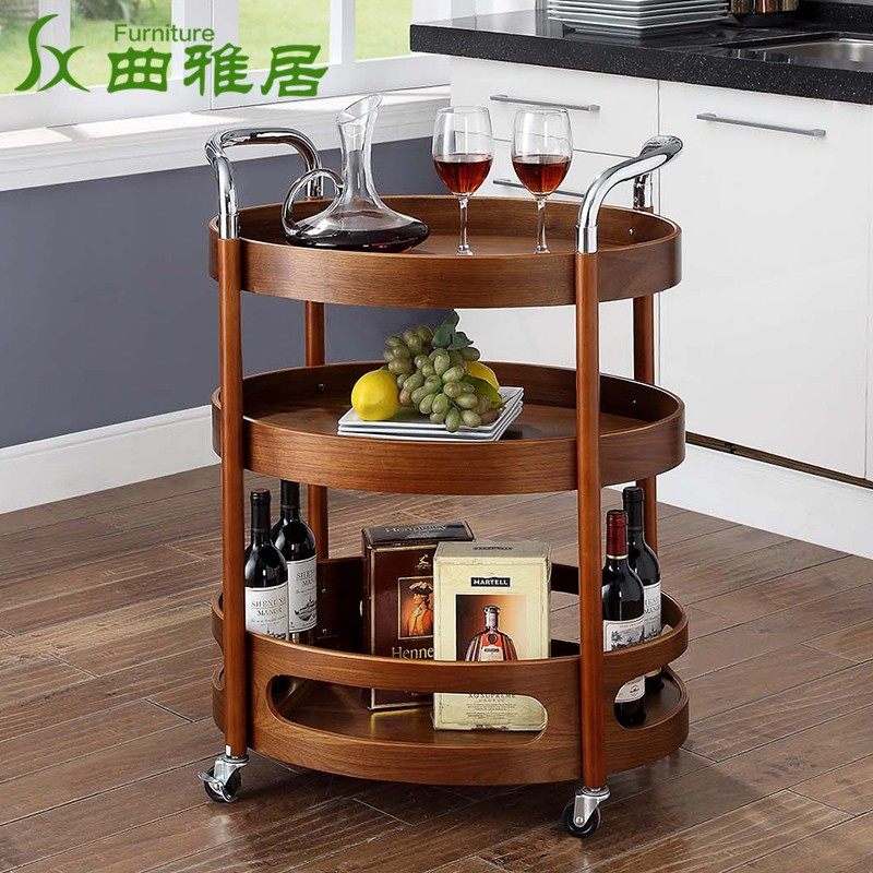 餐车小推车实木移动家p用厨房茶水车餐厅酒店手推车三层圆形酒水