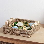 托盘收纳盒收纳盘 木把手茶几收纳草编篮 储物正方形