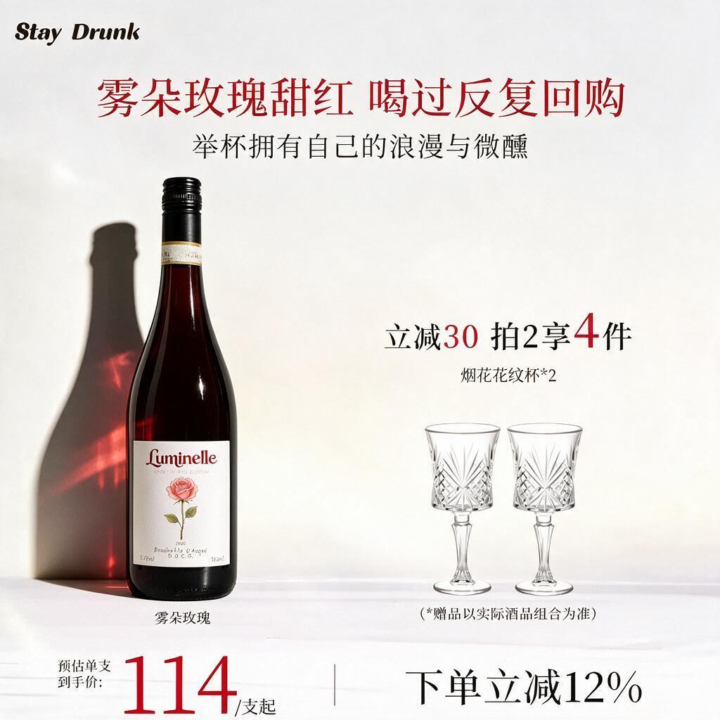 暮光恋人雾朵玫瑰甜红葡萄酒气泡起泡红酒微醺晚安甜酒心派对礼物