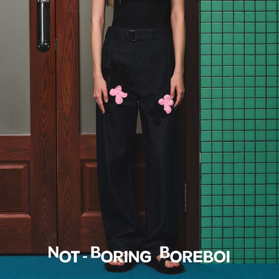 NBB手工毛线织片高腰弯刀牛仔裤