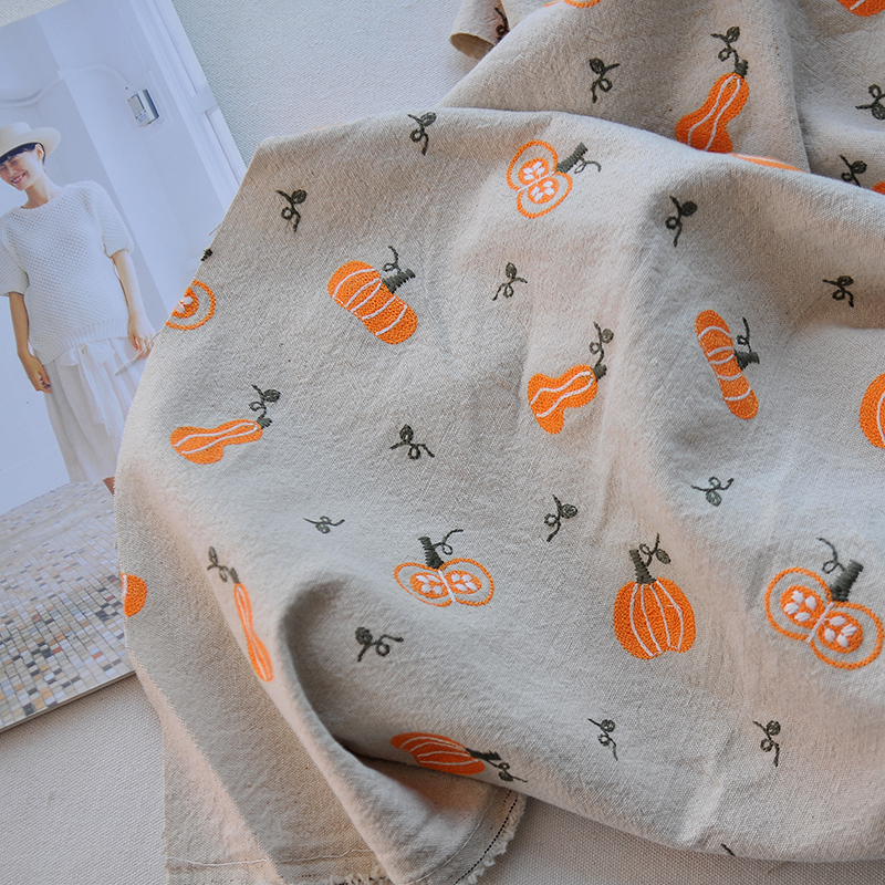 沙发抱枕套刺绣布料南瓜棉v麻面料自己做盖布桌布料子防尘布盖布